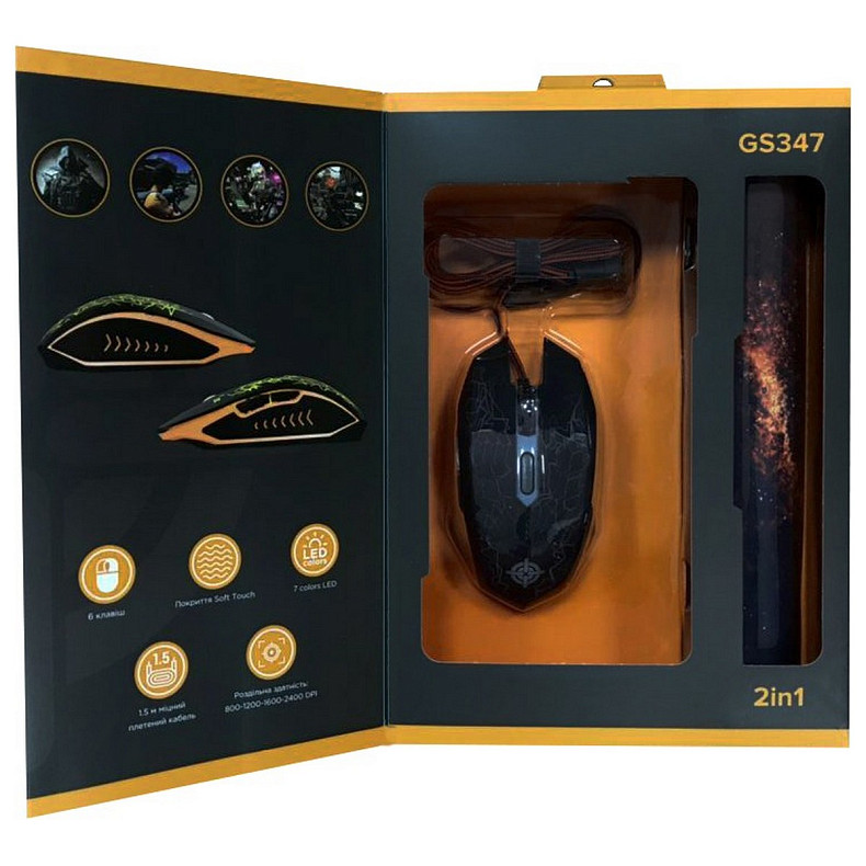 Миша GamePro GS347 чорного кольору з USB-кабелем та килимком