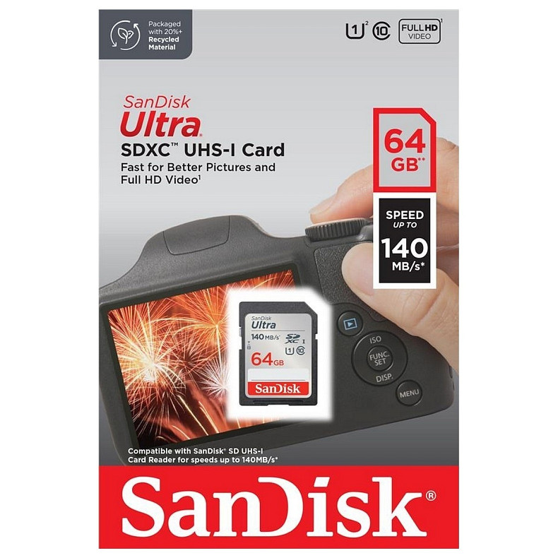 Карта памяти SanDisk SD 64GB C10 UHS-I R140MB/s Ultra