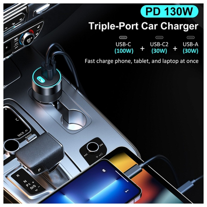 Автозарядка 3xUSB 124W (2xUSB-C+USB-A) PD3.0 100W чорна Choetech