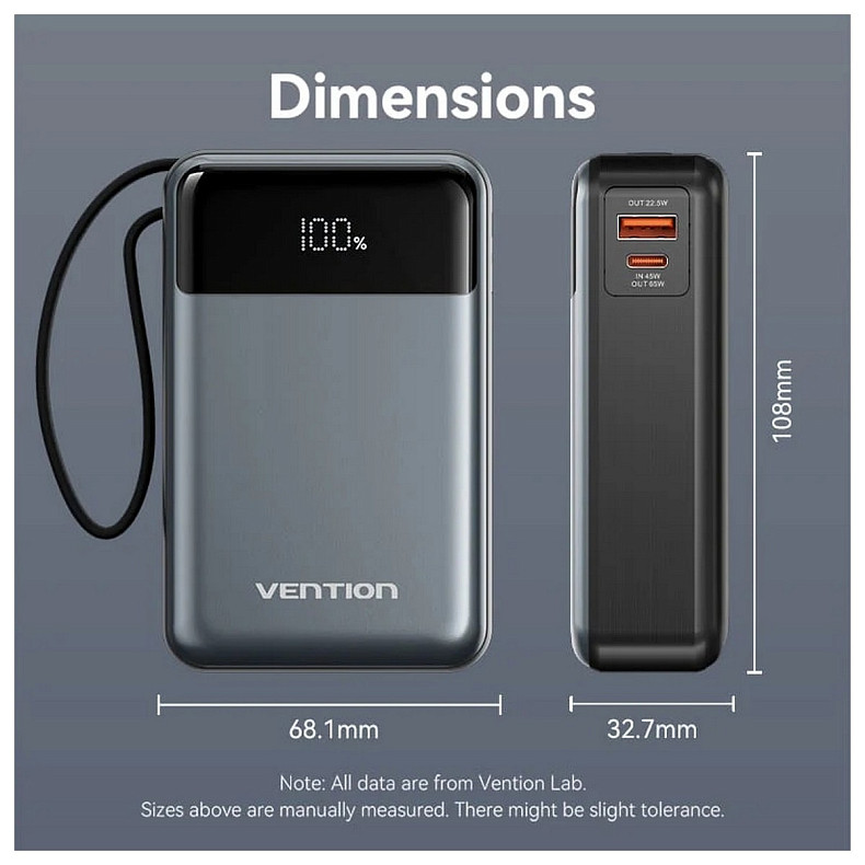УМБ Vention 20000mAh 65W 3A PD, QC3.0, USB-A, 1хType-C OUT, с Built-in USB-C Cable, LED Display, Black