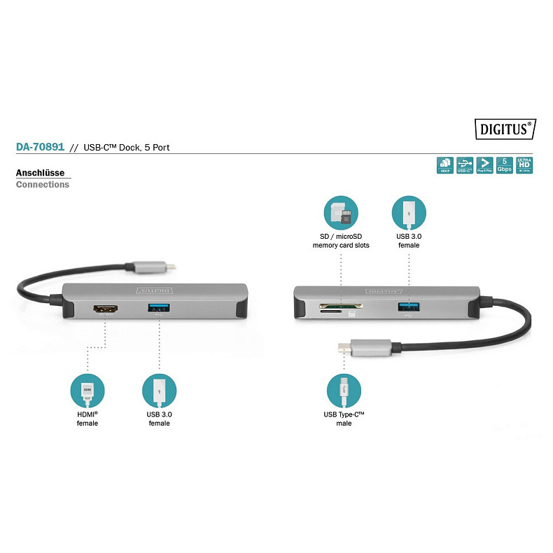 Док-станція DIGITUS Travel USB-C, 5 Port