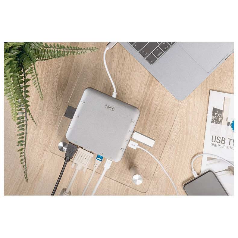 Хаб DIGITUS USB-C > HDMI/VGA/miniDisplayPort/3xUSB-A/USB-C/SD/MicroSD/RJ54/Audio