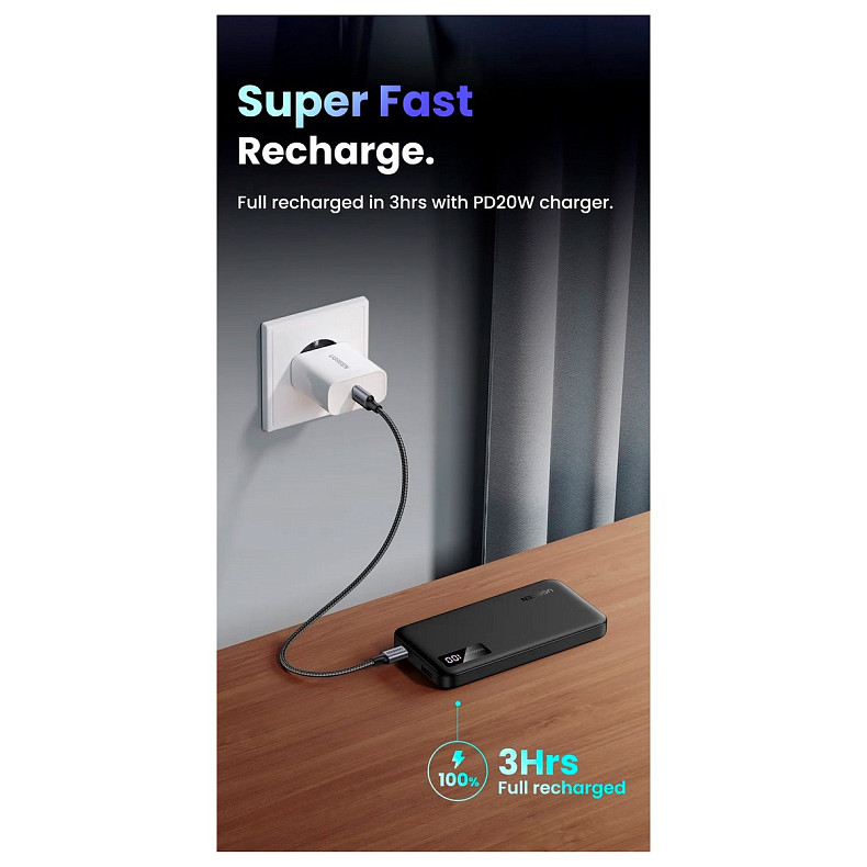 УМБ Ugreen 10000mAh 20W PD, QC3.0 USB-A+USB-C Black