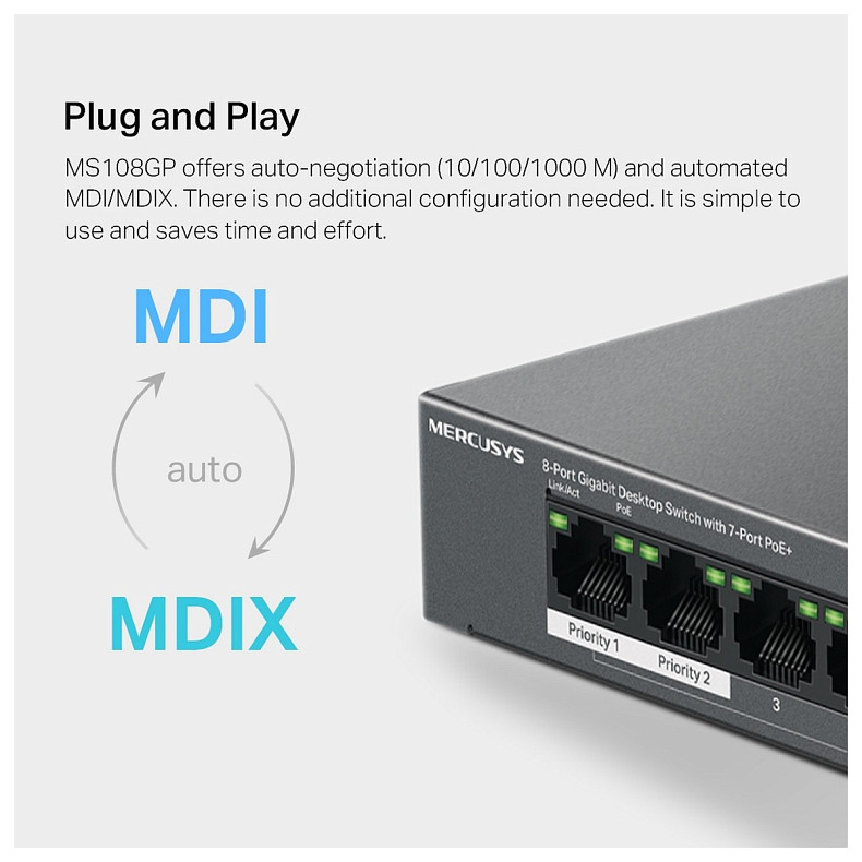 Коммутатор MERCUSYS MS108GP 8xGE (7xPoE), 65Вт, Неуправляемый