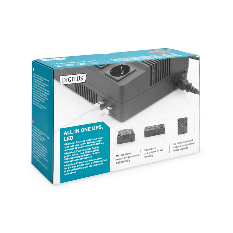 ИБП DIGITUS All-in-One, 800VA/480W, LED, 4xSchuko/3xC13, RJ45, USB