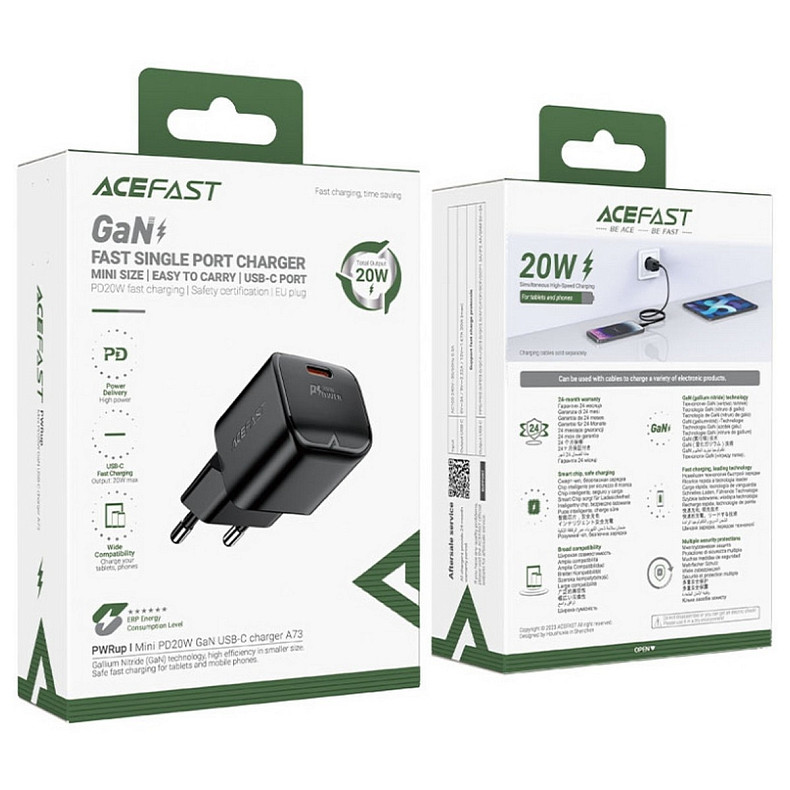 Зарядний пристрій USB-C 20W Gan A73 mini Fast Charger Black Acefast