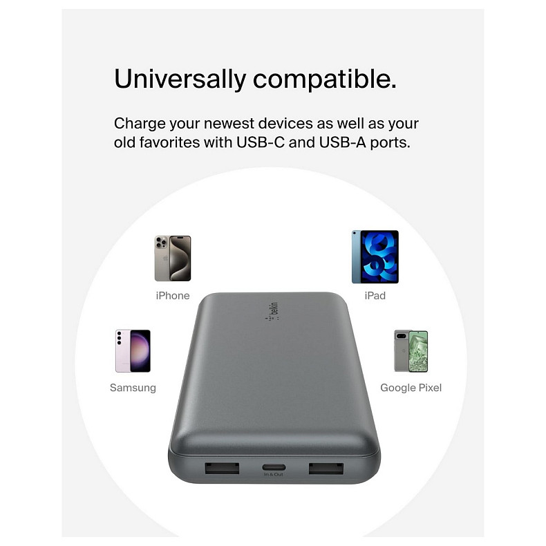 Аккумулятор портативный литий-ионный Power Bank Belkin 20000мА·ч, 15Вт, 2хUSB-A/USB-C, серый