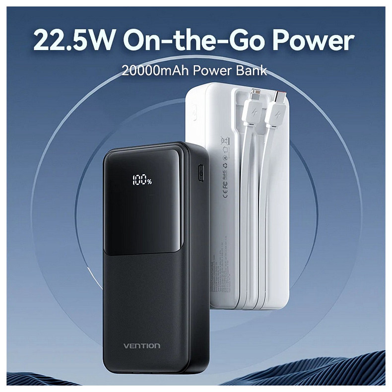 УМБ Vention 20000mAh 22.5W 3A PD, Micro-USB,USB-C,2xUSB-A,Built-in USB-C+Lightning Cables Black