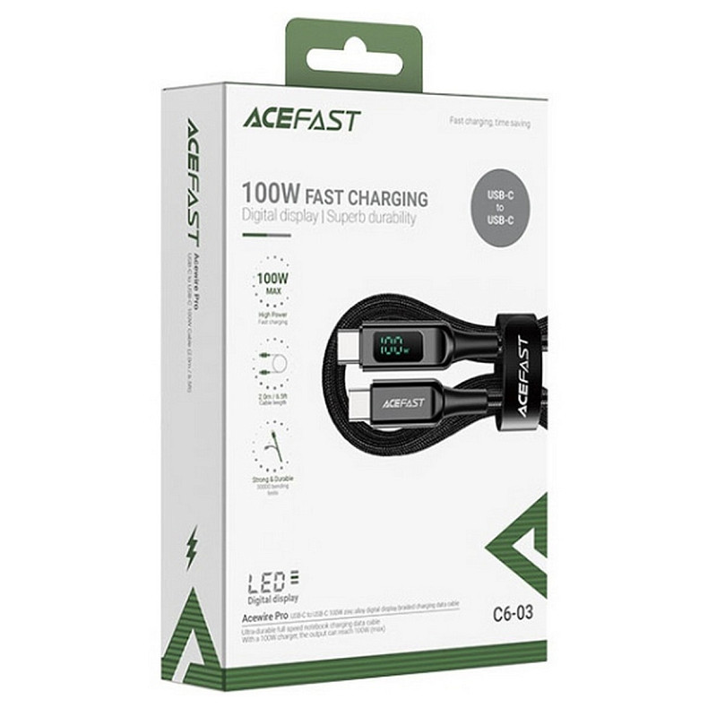 Кабель USB 2.0 USB-C to USB-C, 2 м, 100W, 5.0A, с дисплеем, C6-03 Acefast