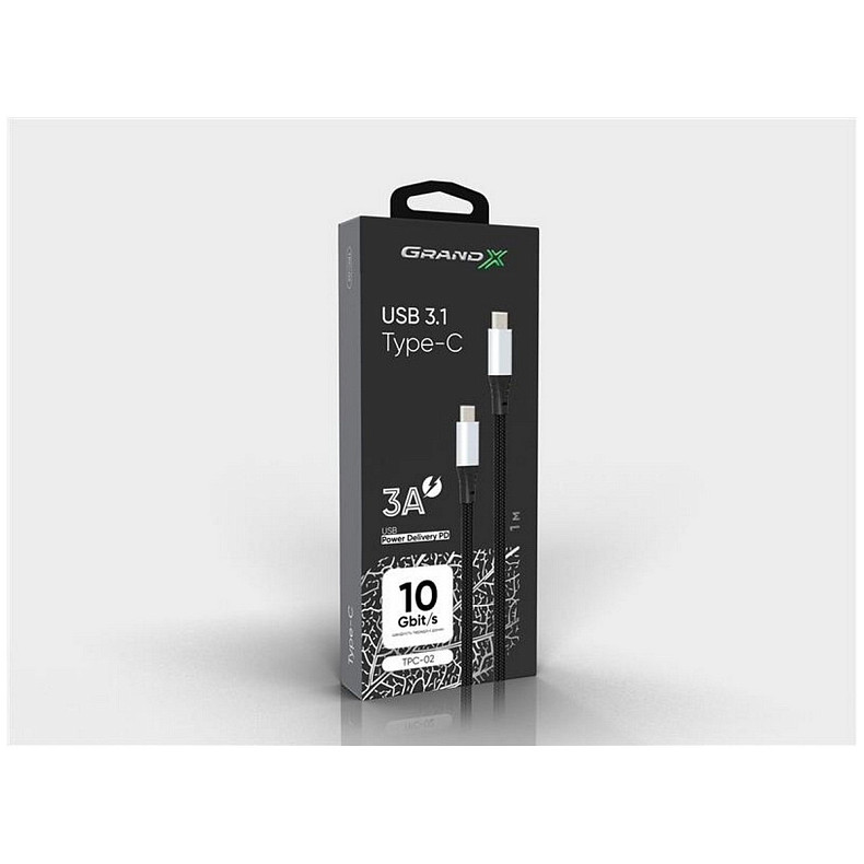 Кабель Grand-X USB Type-C - USB Type-C, Power Delivery, 65W, 1м, Black (TPC-02)