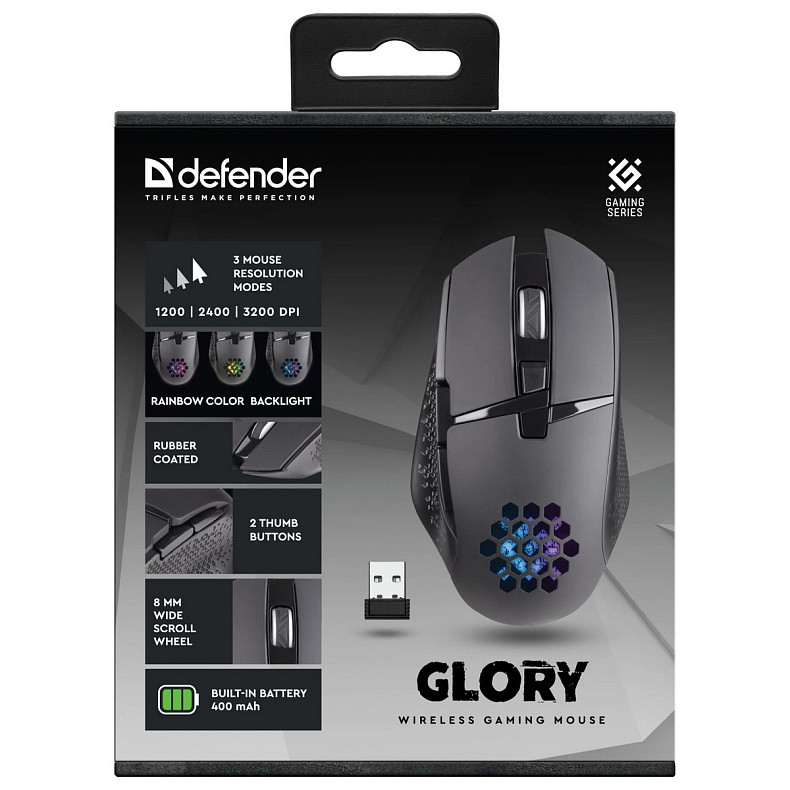 Мышка Defender Glory GM-514, игровая беспроводная, 7 кН. до 3200 dpi, LED, 400 мАч