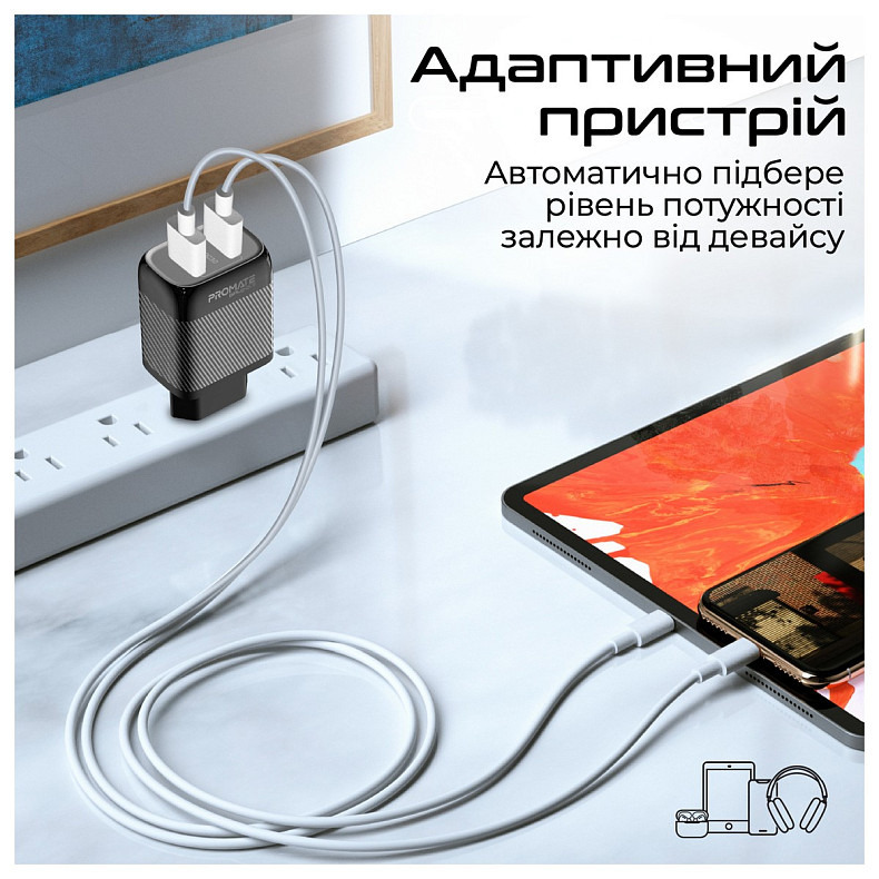 Зарядний пристрій Promate BiPlug-QC3 Black