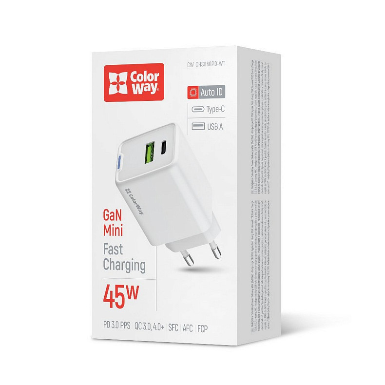 Сетевое зарядное устройство ColorWay GaN Mini 45W PD Port PPS USB (Type-C PD + USB QC4.0) White (CW-