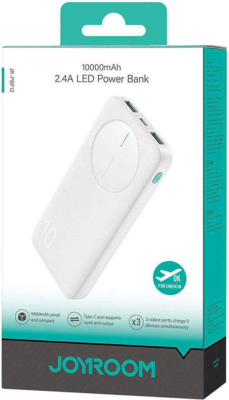 УМБ Joyroom 10000mAh 12W QC, 2xUSB-A, USB-C In/Out White