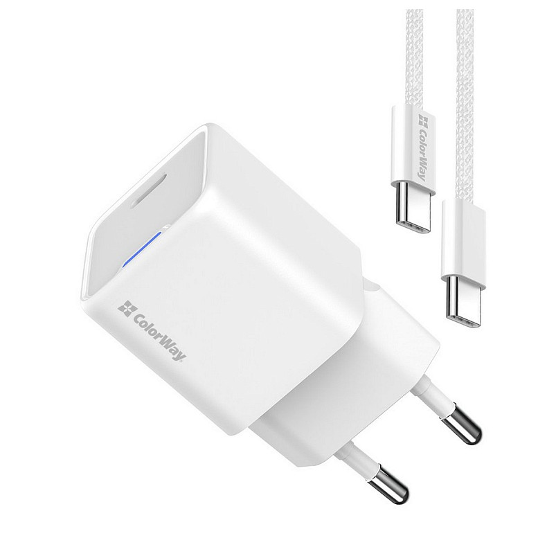 Сетевое зарядное устройство ColorWay GaN Mini 30W PD Port PPS USB-C White (CW-CHS054PDC-WT) + кабель