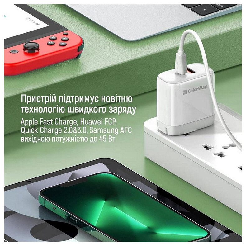 Сетевое зарядное устройство ColorWay Power Delivery Port PPS USB (Type-C PD + USB QC3.0) (45W) Black
