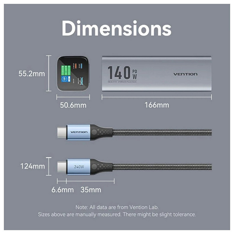 УМБ Vention 27000mAh 140W 5A PD, QC3.0, 2xUSB-C, USB-A, LED Display, Gray