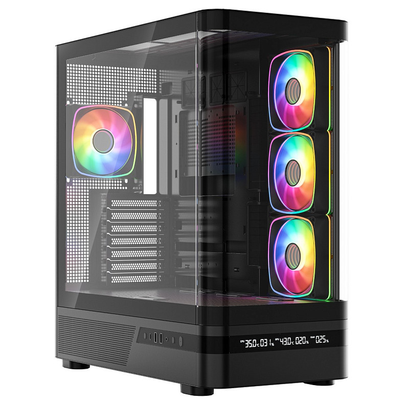 Корпус Modecom VOLCANO AQ200 ARGB MIDI FRONT LCD, 4x120mm fans BLACK без БЖ ATX