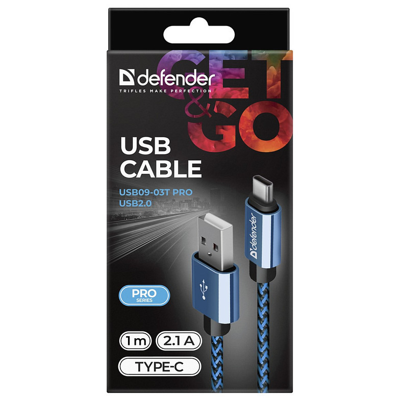 Кабель USB AM-Type-C M, 1.0 м, синій, 09-03T PRO Defender