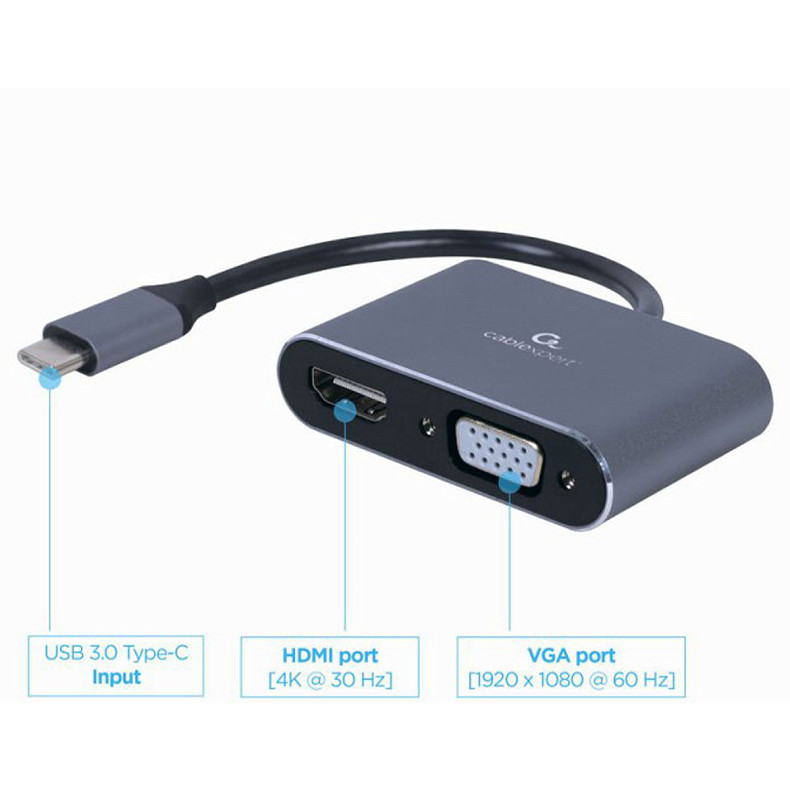 Адаптер-перехідник USB-C на HDMI/VGA, 4К 30 Гц