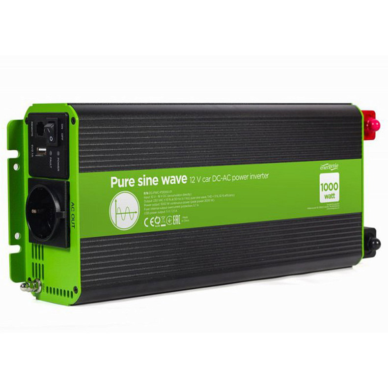 Автомобільний інвертор Energenie на 1000 Вт (2000Вт пиков), чиста синусоїда (EG-PWC-PS1000-01)