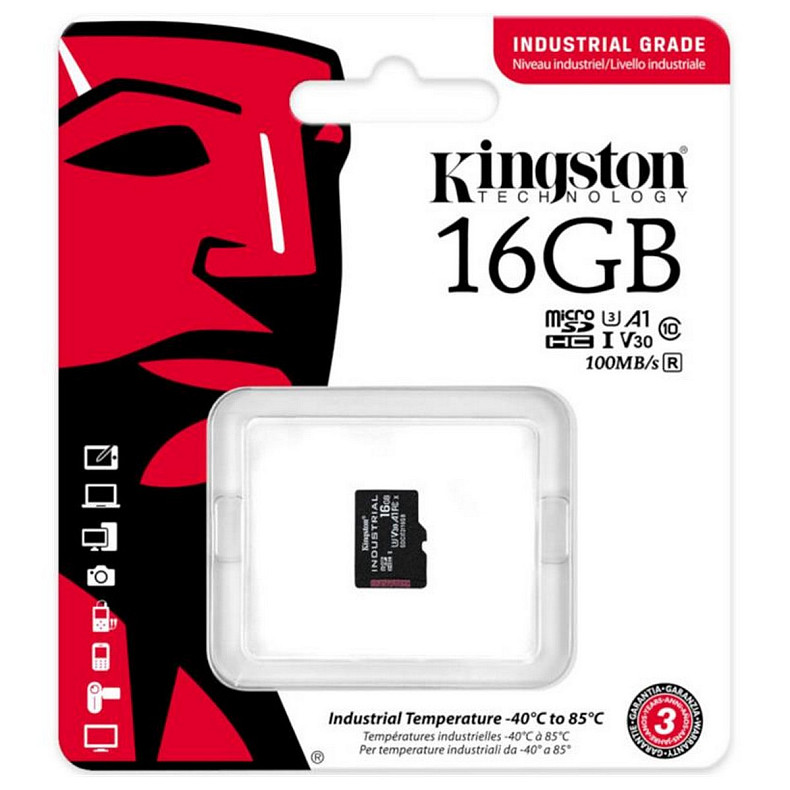 Карта памяти MicroSDHC 16GB UHS-I/U3 Class 10 Kingston Industrial (SDCIT2/16GBSP)