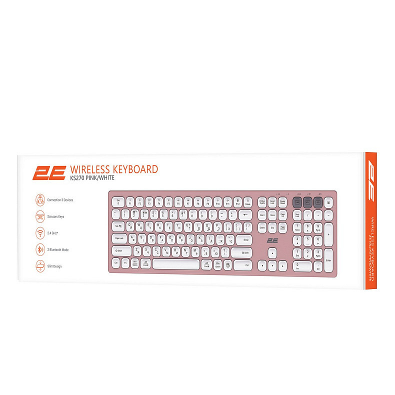 Клавіатура ножнична 2E KS270 105key, WL/BT, EN/UK, рожево-білий