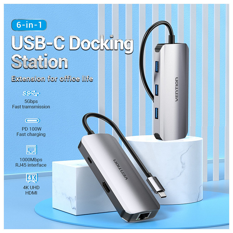 Док-станция USB3.1 Type-C --> HDMI/USB 3.0x3/RJ45/PD 100W Hub 6-in-1 Vention