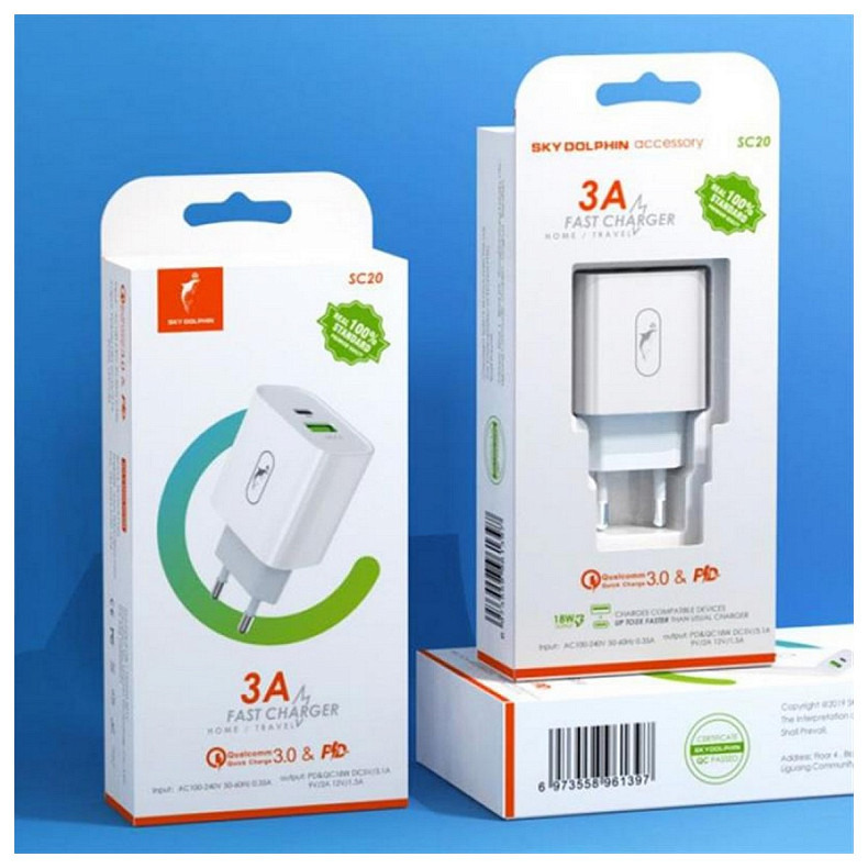 Зарядний пристрій SkyDolphin SC20 PD+QC3.0 (2USB, 3A) White (SDMZP-000121)