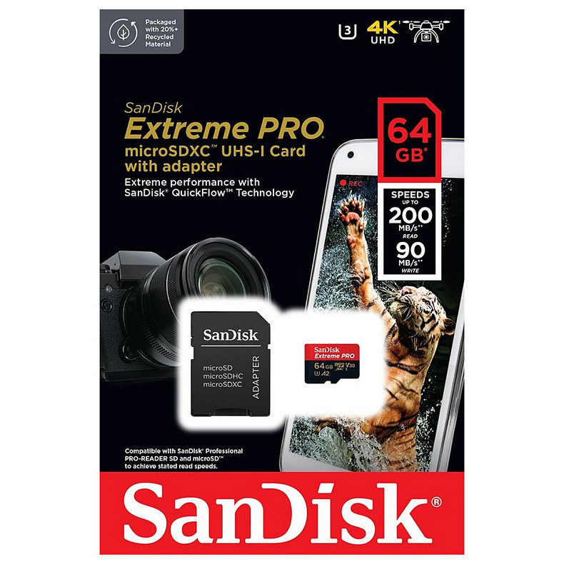 Карта памяти SanDisk 64 GB microSDXC UHS-I U3 Extreme Pro + SD Adapter (SDSQXCU-064G-GN6MA)