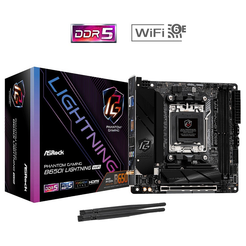 Материнська плата ASRock B650I LIGHTNING WIFI(AM5/B650, 2*DDR5, 1xPCIex16, HDMI/DP, 2xSATAІІІ,2xM.2, 2.5GLan, mITX)