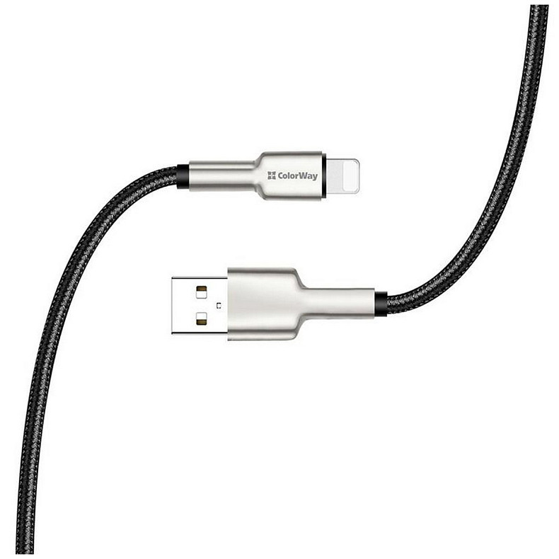 Кабель ColorWay USB-Lightning, head metal, 2.4А, 1м, Black (CW-CBUL046-BK)