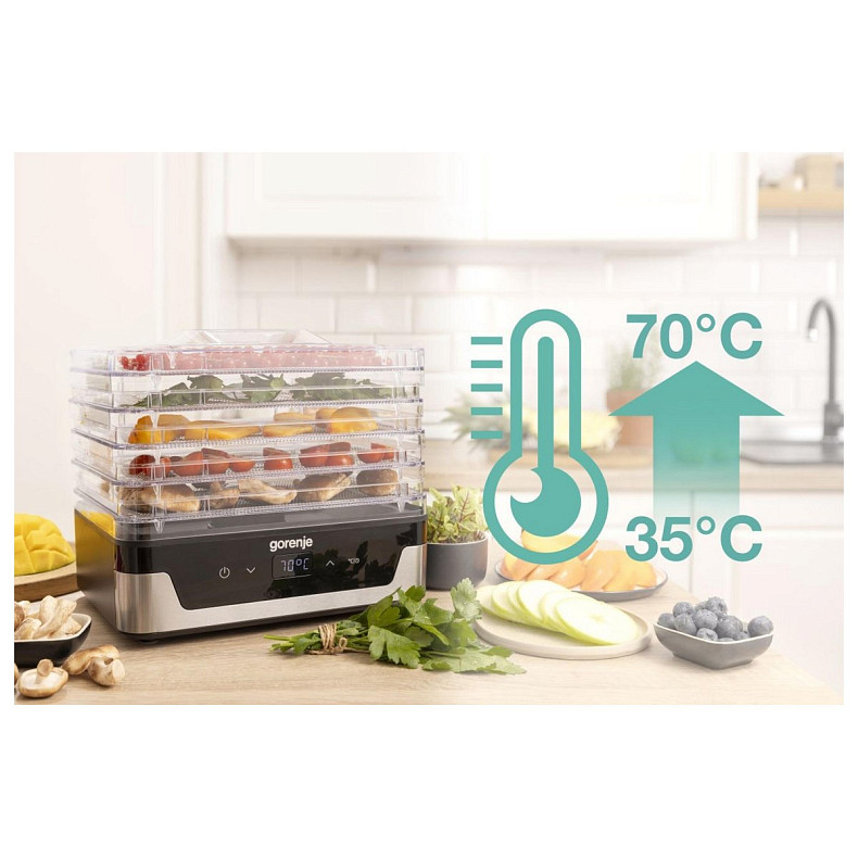Сушарка для продуктів Gorenje 230Вт, піддонів - 5x2.8см, діаметр - 29см, макс - 75°С, електр.упр,біл