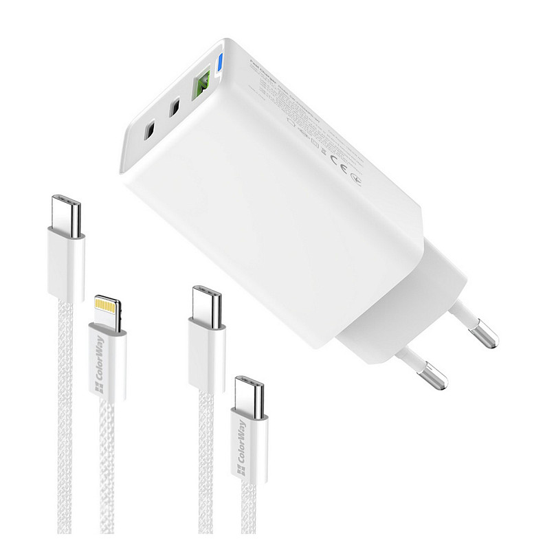 Сетевое зарядное устройство ColorWay GaN Mini 65W PD Port PPS USB (USB-2C1A) White (CW-CHS058PDCL-WT