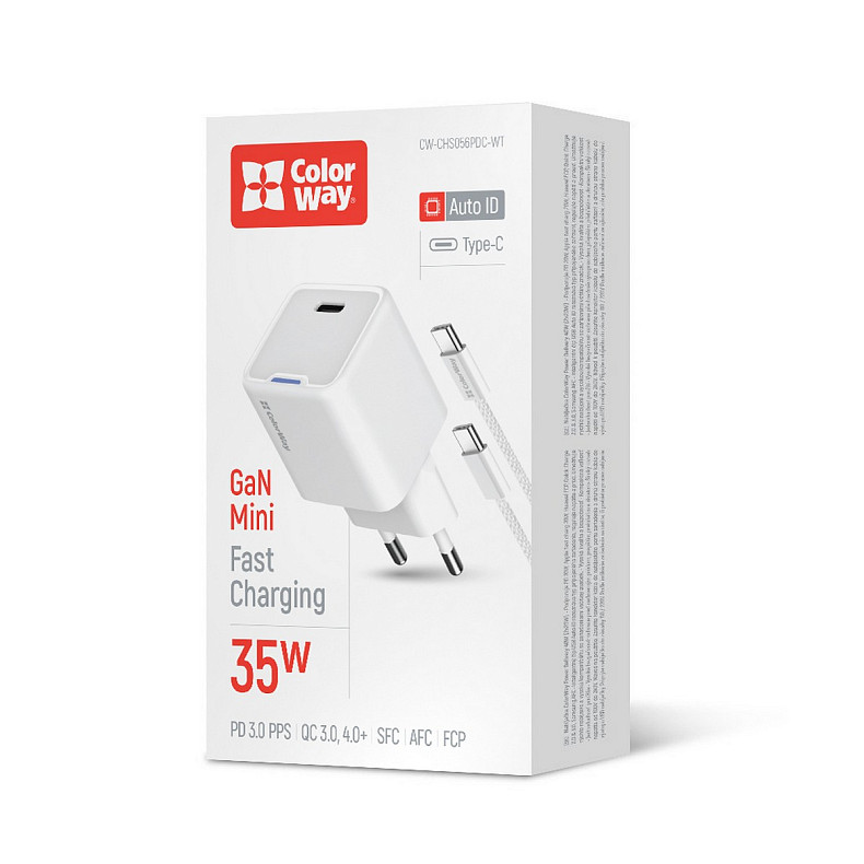 Мережевий зарядний пристрій ColorWay GaN Mini 35W PD Port PPS USB-C White (CW-CHS056PDC-WT) + кабель
