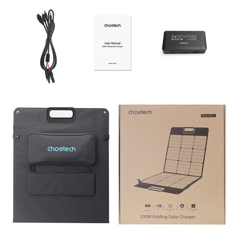 Солнечная панель Choetech 200W DC200W, 1*USB QC3.0 18W,1*USB-C PD3.0 45W, 1xUSBA 12W (243x53см)