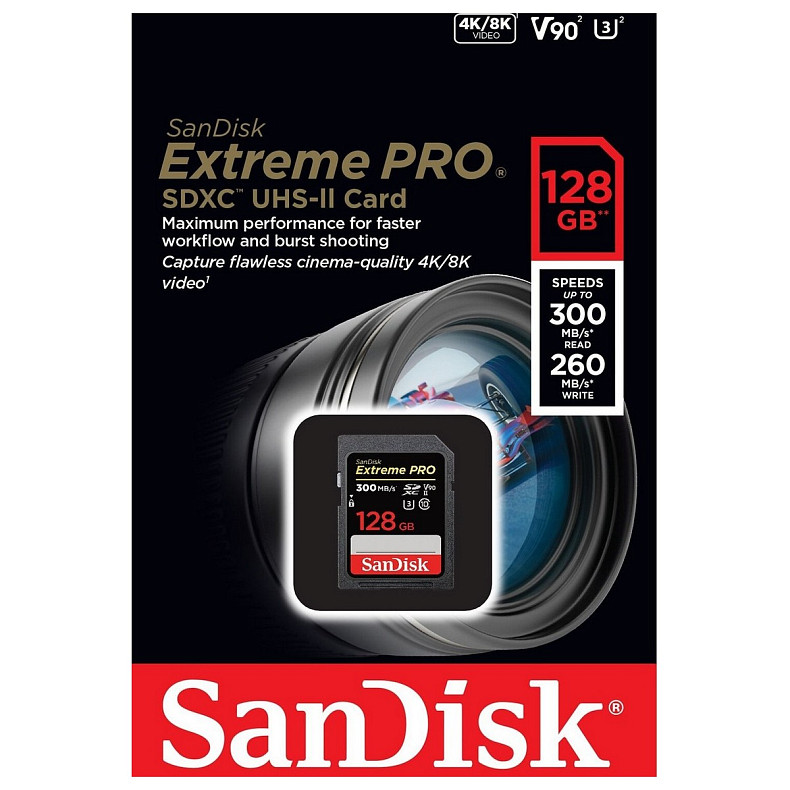 Карта памяти SanDisk 128GB SDXC C10 UHS-II U3 V90 R300/W260MB/s Extreme Pro