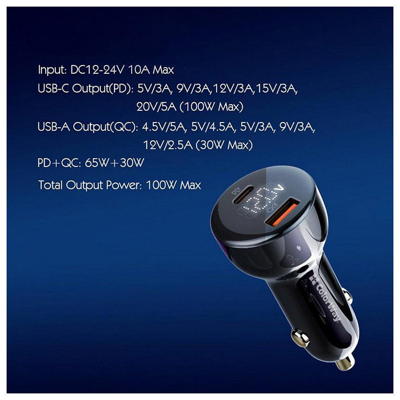 Автомобильное зарядное устройство ColorWay Power Delivery Port PPS USB (USB-A + USB-C, 100W) PD, QC