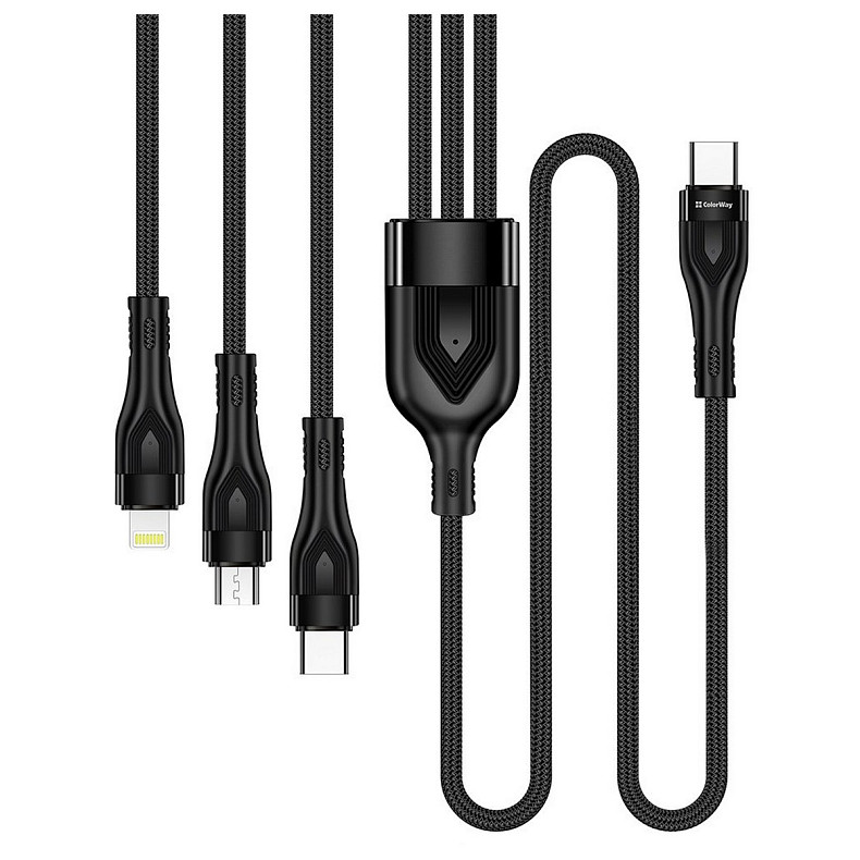 Кабель ColorWay Lightning + micro USB + USB Type-C (M/M), 3.0 А, 1.2 м, Black (CW-CBPDU3060-BK)