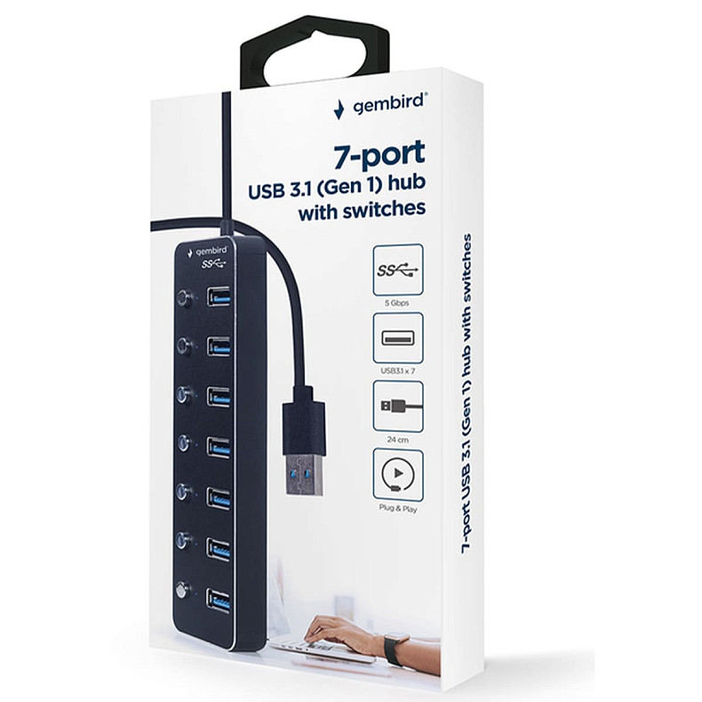USB-хаб Gembird UHB-U3P7P-01 на 7 портiв USB 3.0, з вимикачами, пластик\метал, чорний