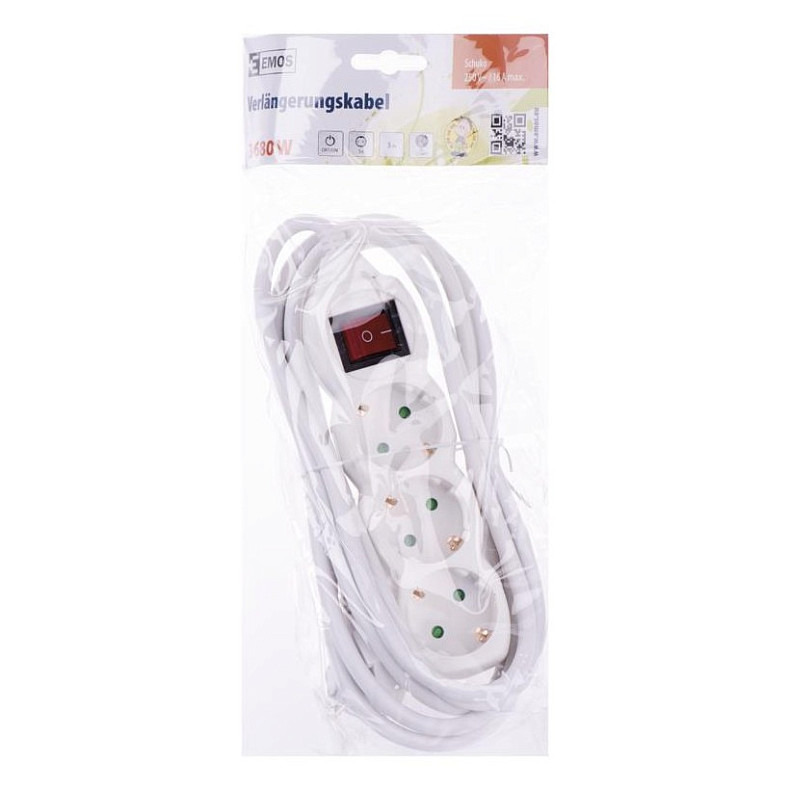 Фильтр питания Emos с выключателем, 3 розетки, 1.5мм2, 3м, White (P1323R)
