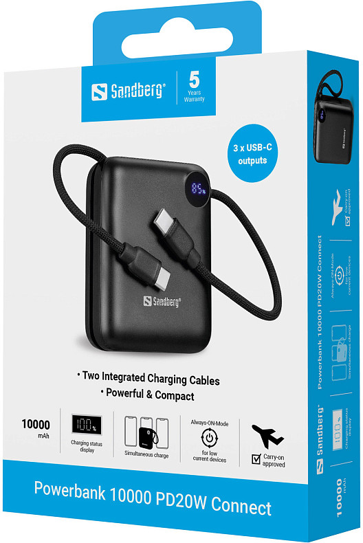 УМБ Sandberg 10000mAh 20W PD,QC3.0, USB-C In/Out, with built-in 2xUSB-C cables