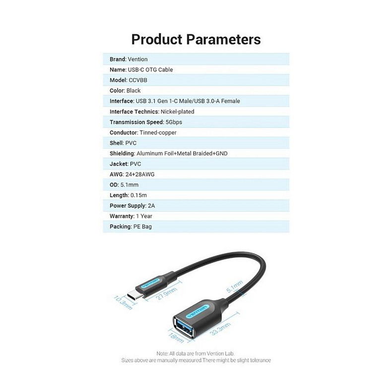 Кабель Vention USB 3.1 Type-C - OTG USB3.0 AF, 0.15 m, Black (CCVBB)