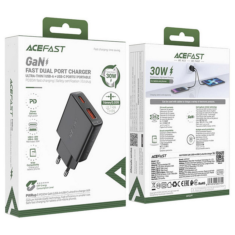 Зарядний пристрій 2xUSB 30W (USB-C+USB-A) Gan A69 ultra-thin Fast Charger Black Acefast