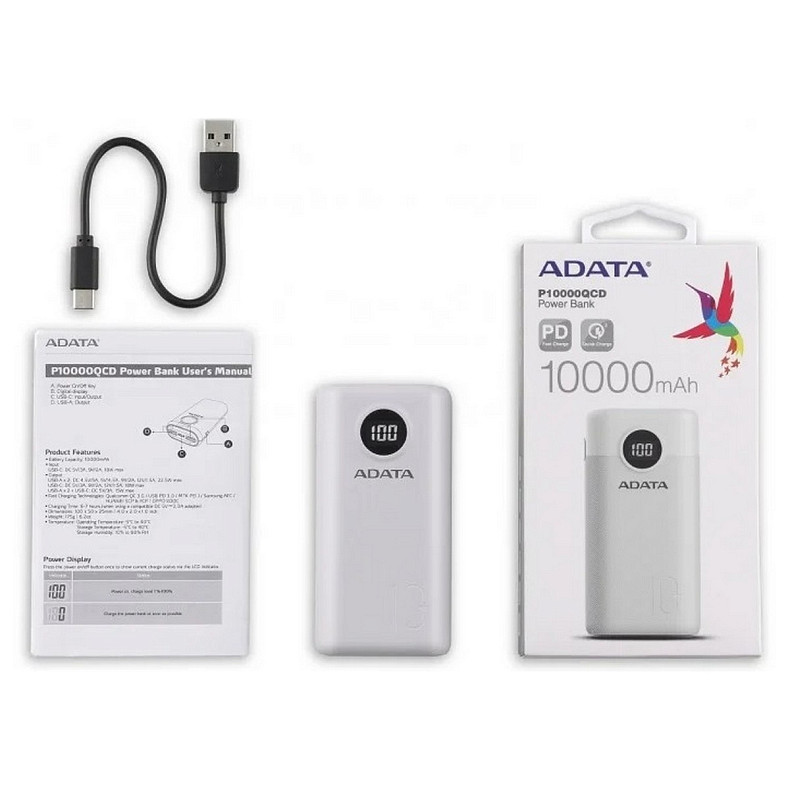 Универсальная мобильная батарея A-DATA P10000QCD 10000mAh White (AP10000QCD-DGT-CWH)