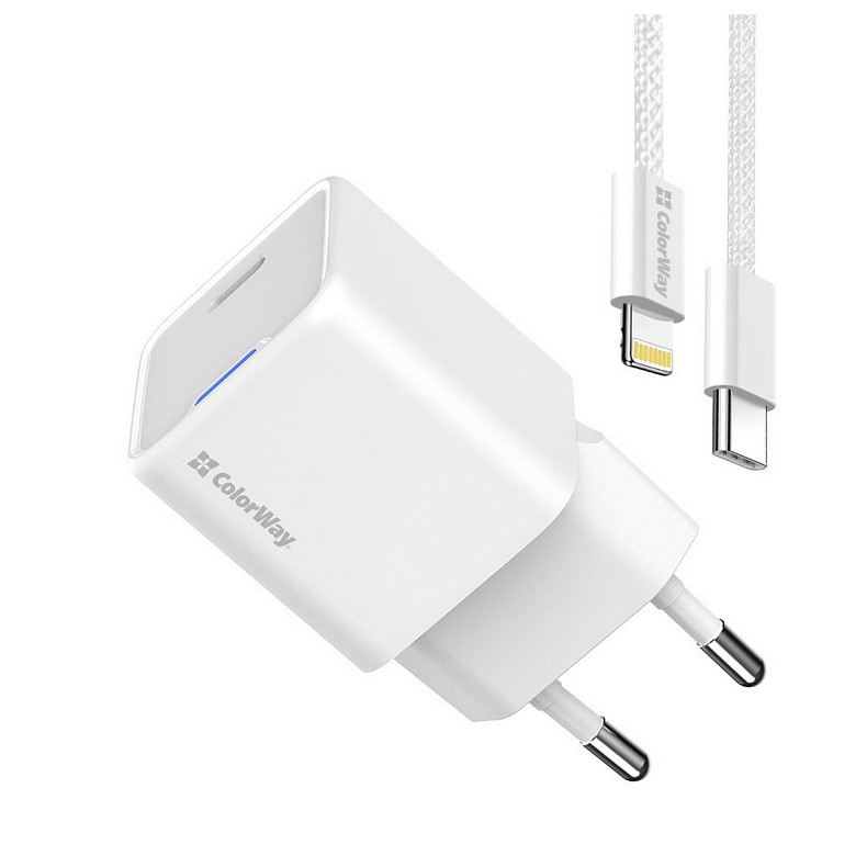 Сетевое зарядное устройство ColorWay GaN Mini 20W PD Port PPS USB-C White (CW-CHS059PDL-WT) + кабель