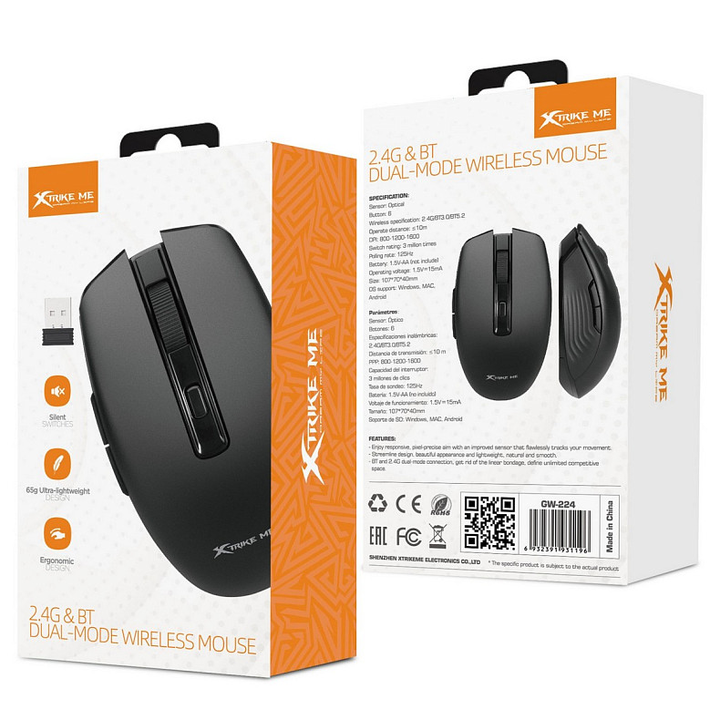 Мышь XTRIKE ME GW-224, беспроводная Bluetooth+2.4G 1600dpi, 6кн, Silent, черная