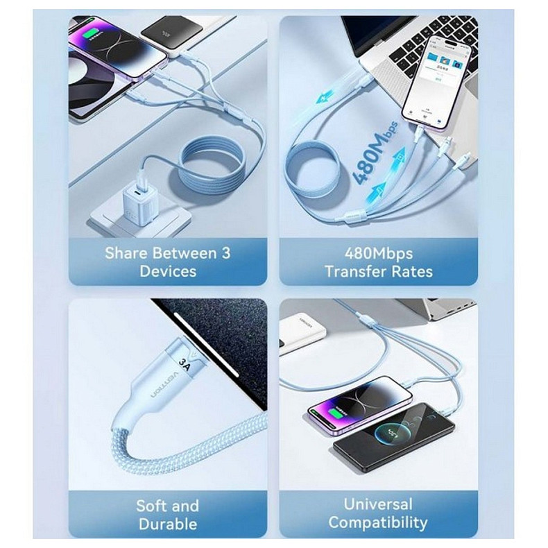 Кабель Vention USB - USB Type-С/microUSB/Lightning (M/M), 60W, 3А, 1.5 м, Black (CTPBG)