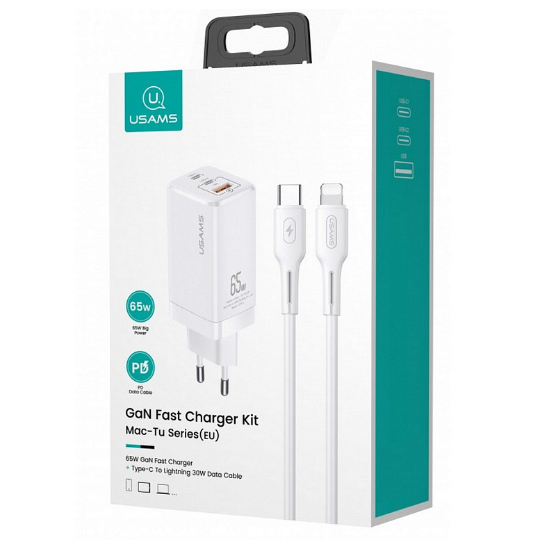 Зарядний пристрій Usams US-CC110 (1USB, 2USB Type-C) 65W PD + QC3.0 White (MTXLOGTL02) + до