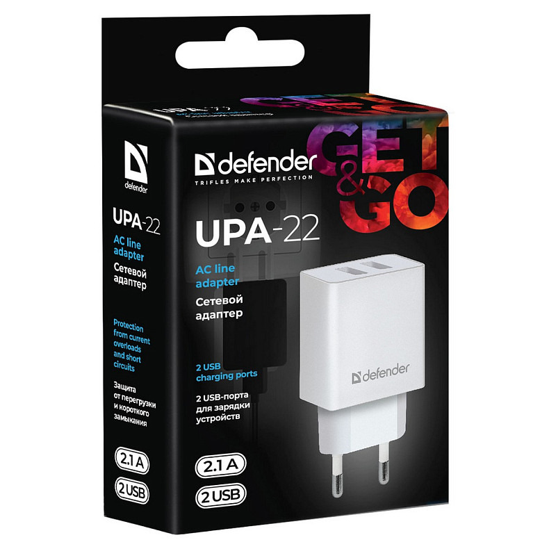 Зарядное устройство 2xUSB 16W 2.1A UPA-22 белый Defender